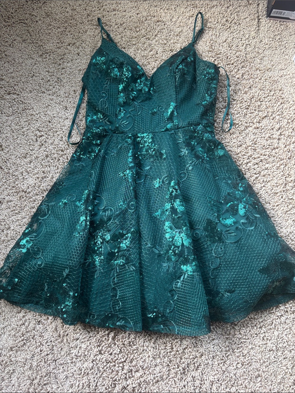 Girls Emerald Green Sequin Floral Party Dress with Spaghetti Straps